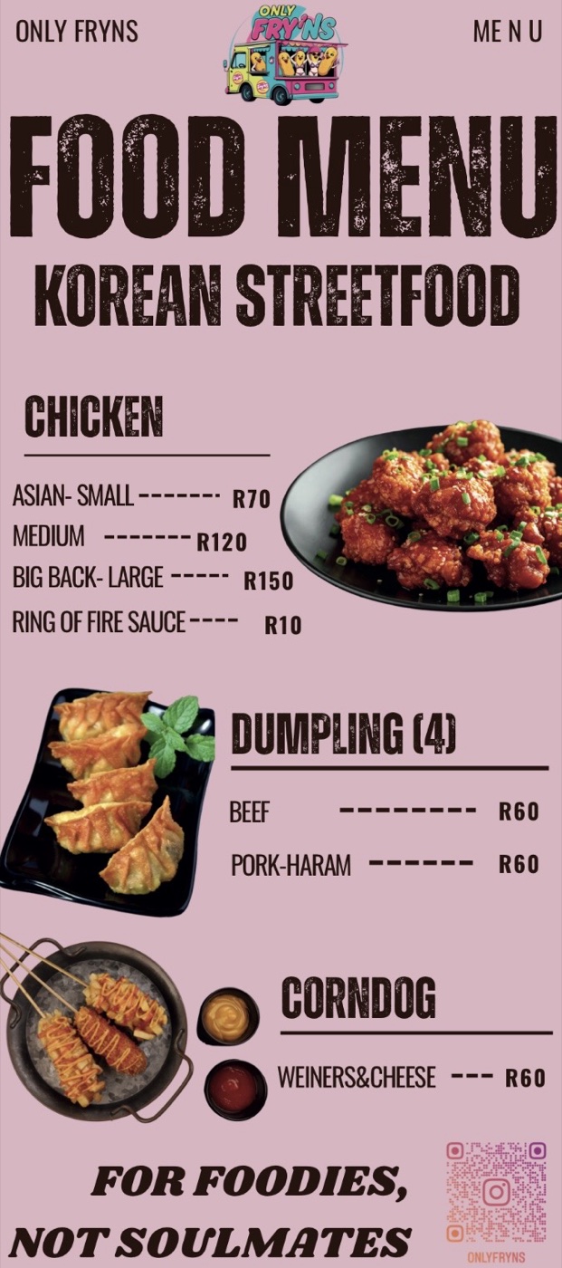 The ONLY FRY'NS printed menu board listing chicken, dumplings and corndogs