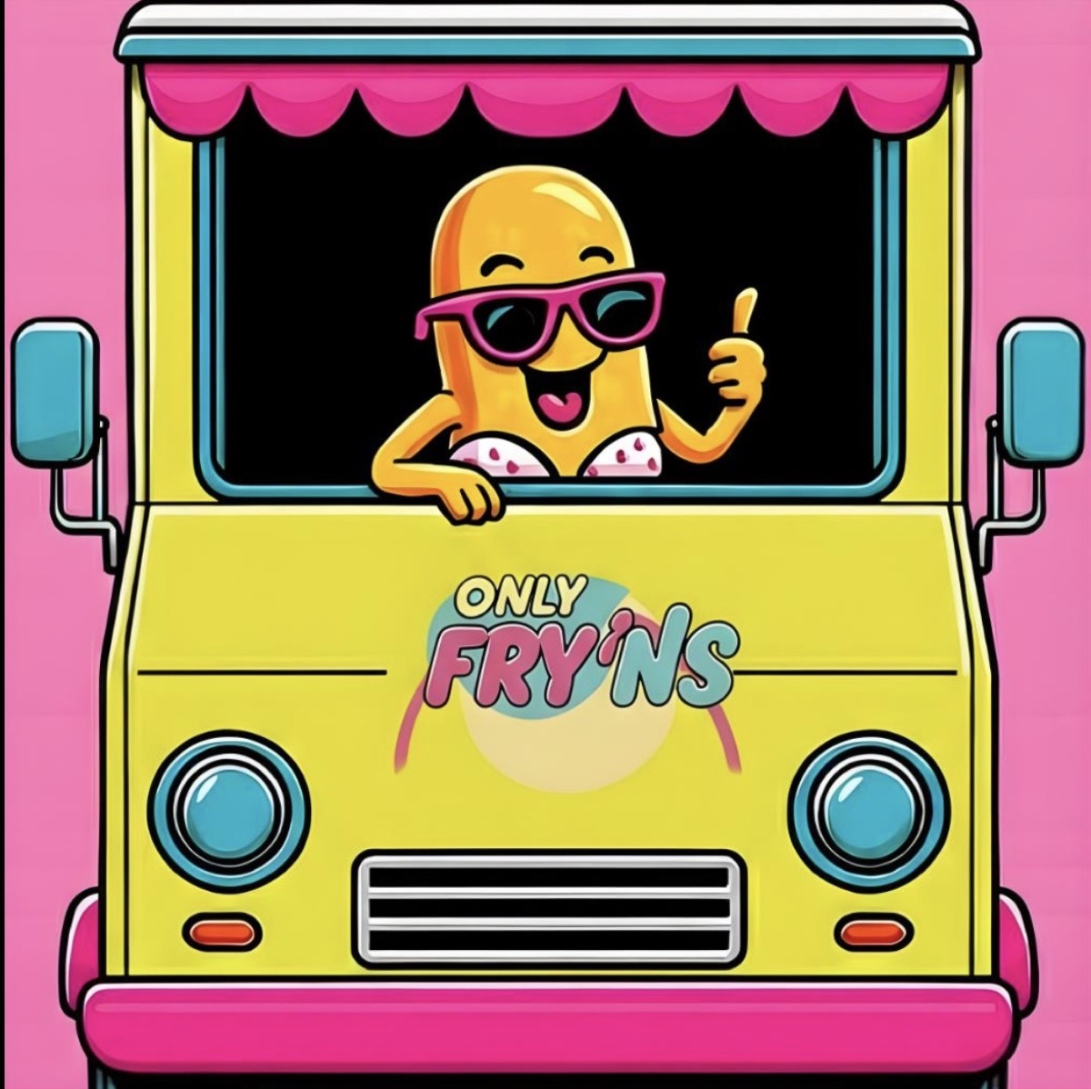 Cartoon illustration of the ONLY FRY'NS truck with a mascot waving from the window
